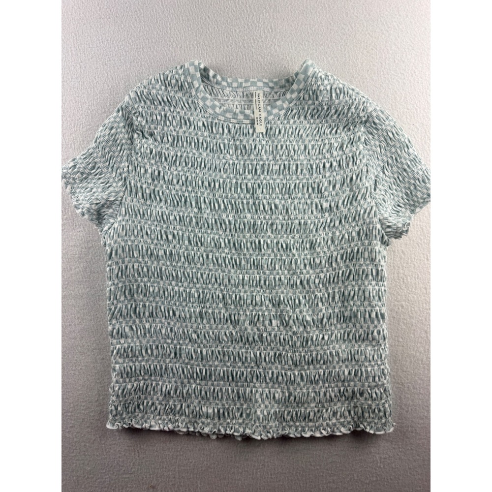American Eagle Light Blue Checkered Smocked Short Sleeve Top Medium Lettuce Hem